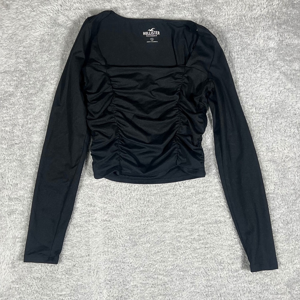 Hollister Womens Black Ruched Front Square Neck Long Sleeve Crop Top Small
